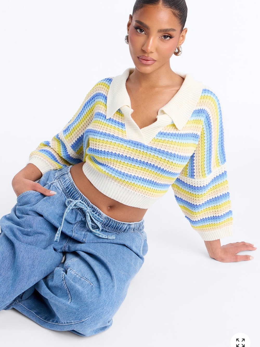 Cropped Collared Stripe Knit Sweater